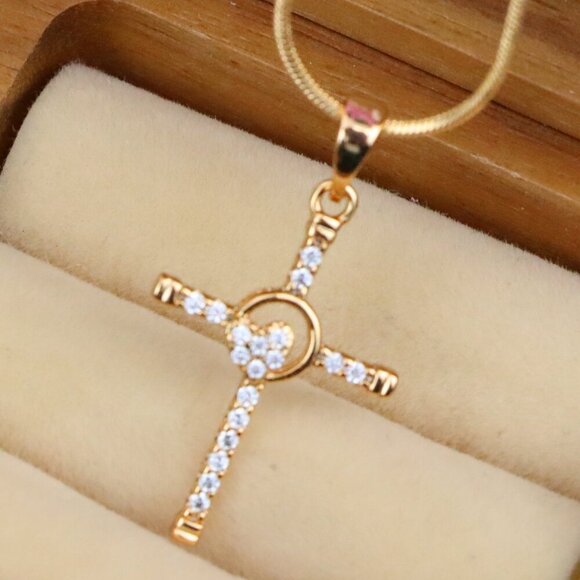 "Rose Gold Cross Pendant with Heart Accent and Sparkling CZ Stones, XPPT1818 - Picture 1 of 13